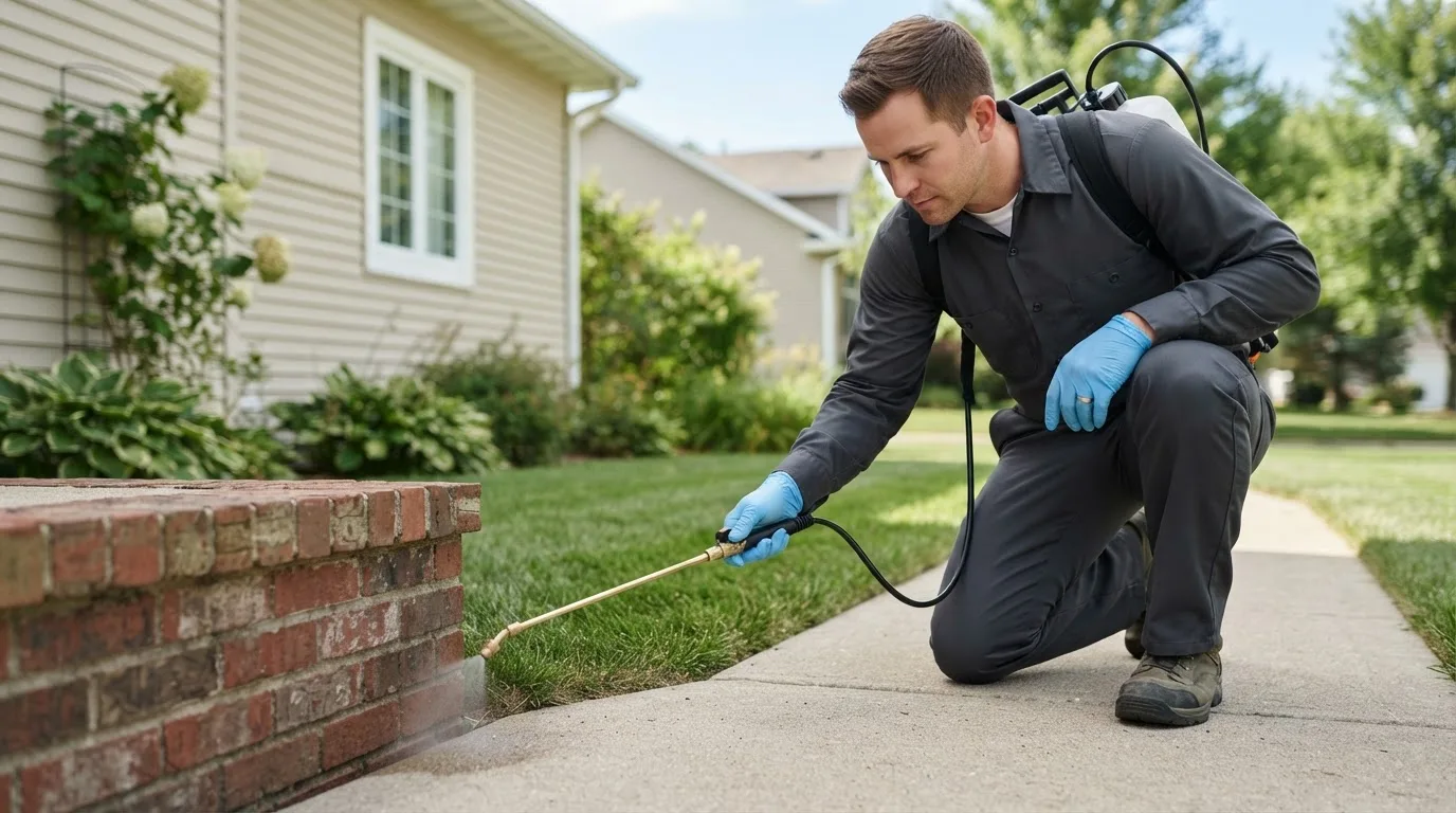 Pest control technician treating a home near Elm City, NC