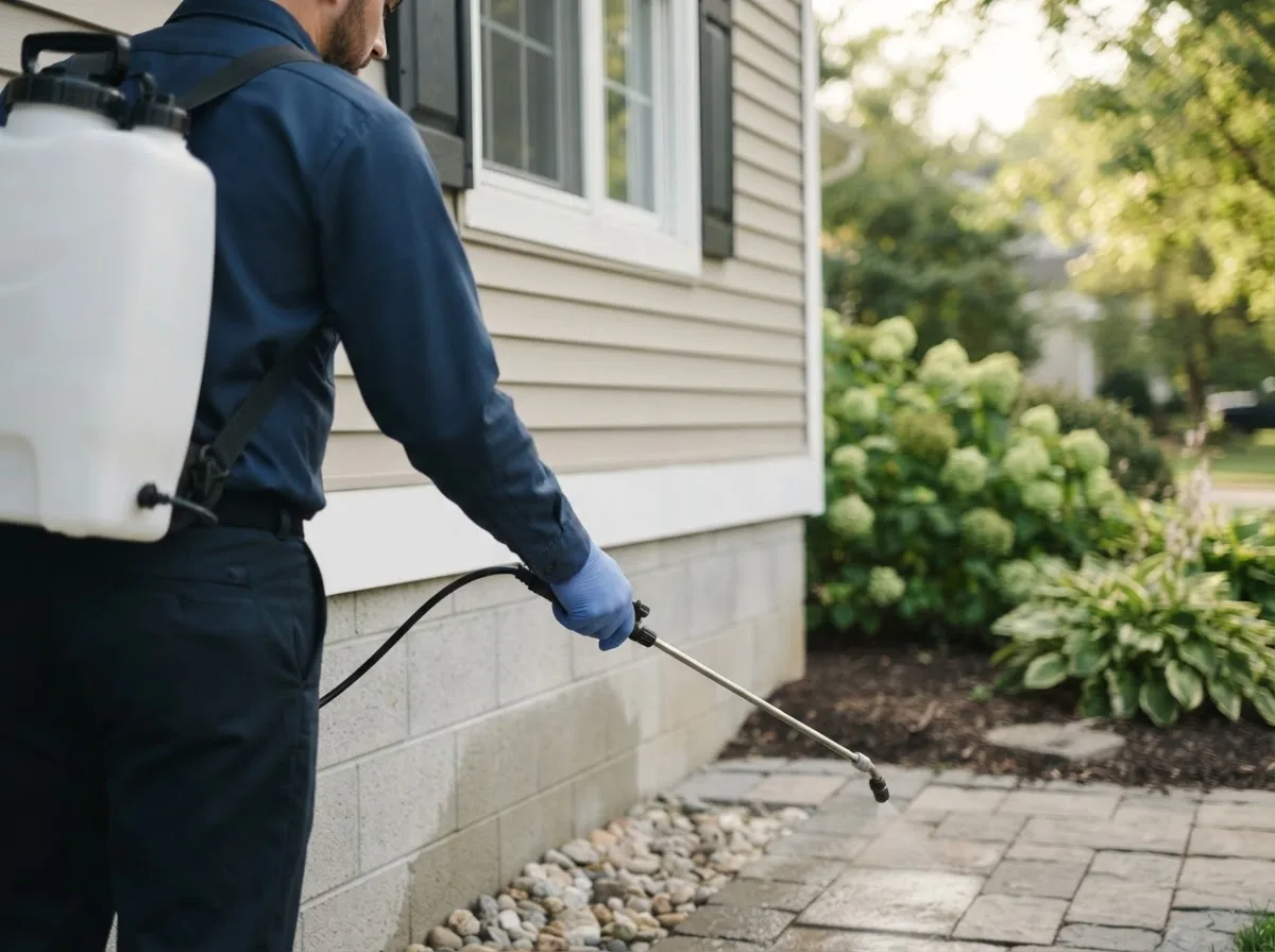 Pest control technician inspecting a home in Elm City, NC